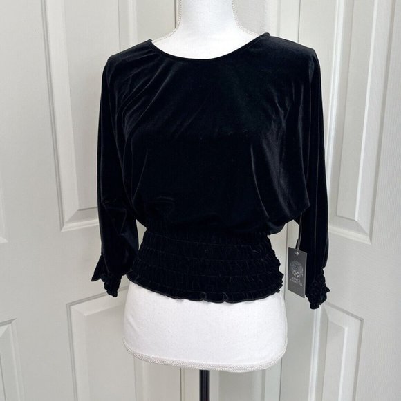 Vince Camuto Smocked-hem Velour Blouse In Rich Black Sparkle And Shine S… - Picture 1 of 5